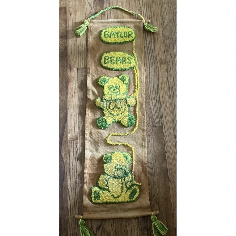 VTG Punch Needle Art Embroidery Yellow Green Baylor Bears Wall Tapestry Handmade